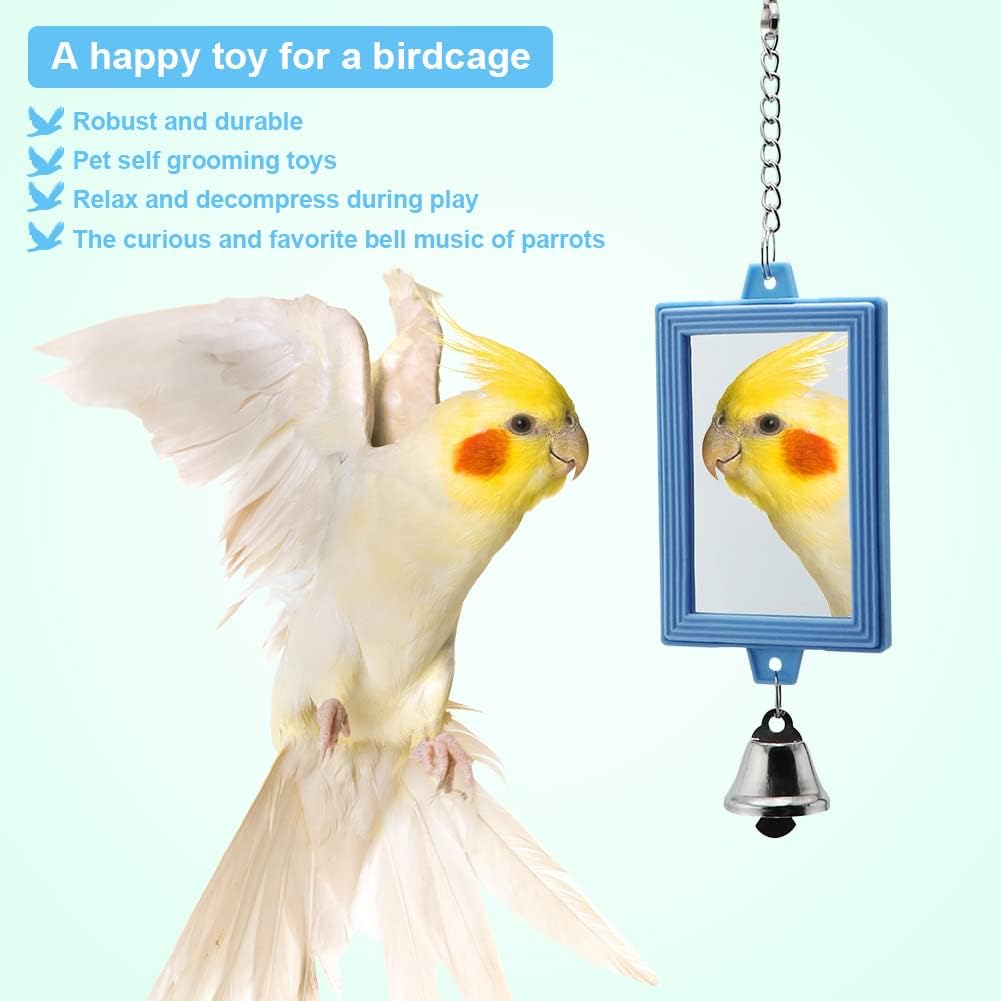 2-Piece Parrot Mirror Toy Hanging with Bells Pendant Bird Cage Accessories for Bird Parrot Budgie Parakeet Cockatiel Conure Lovebird Finch Canary Random Color ( 1pc Square +1pc Circle) …