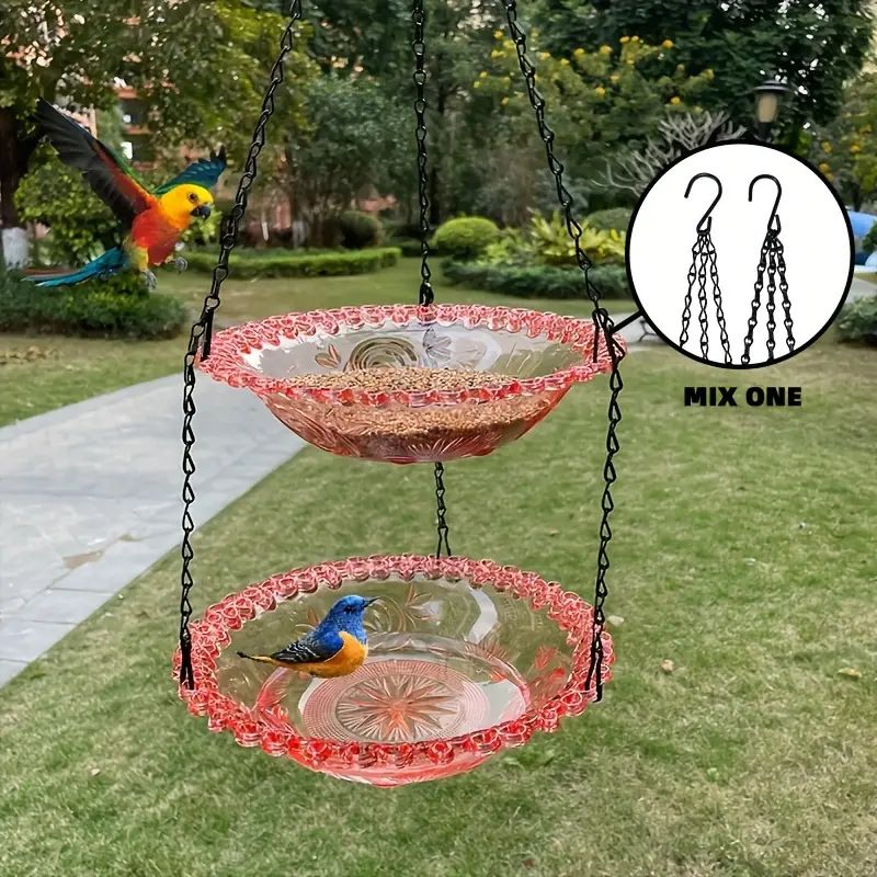 Chain-hung Double-layer Bird Feeder, transparent bowls for easy observation, thickened iron chain for stable load-bearing, adding natural vitality and bird-watching fun to your courtyard.(blue)
