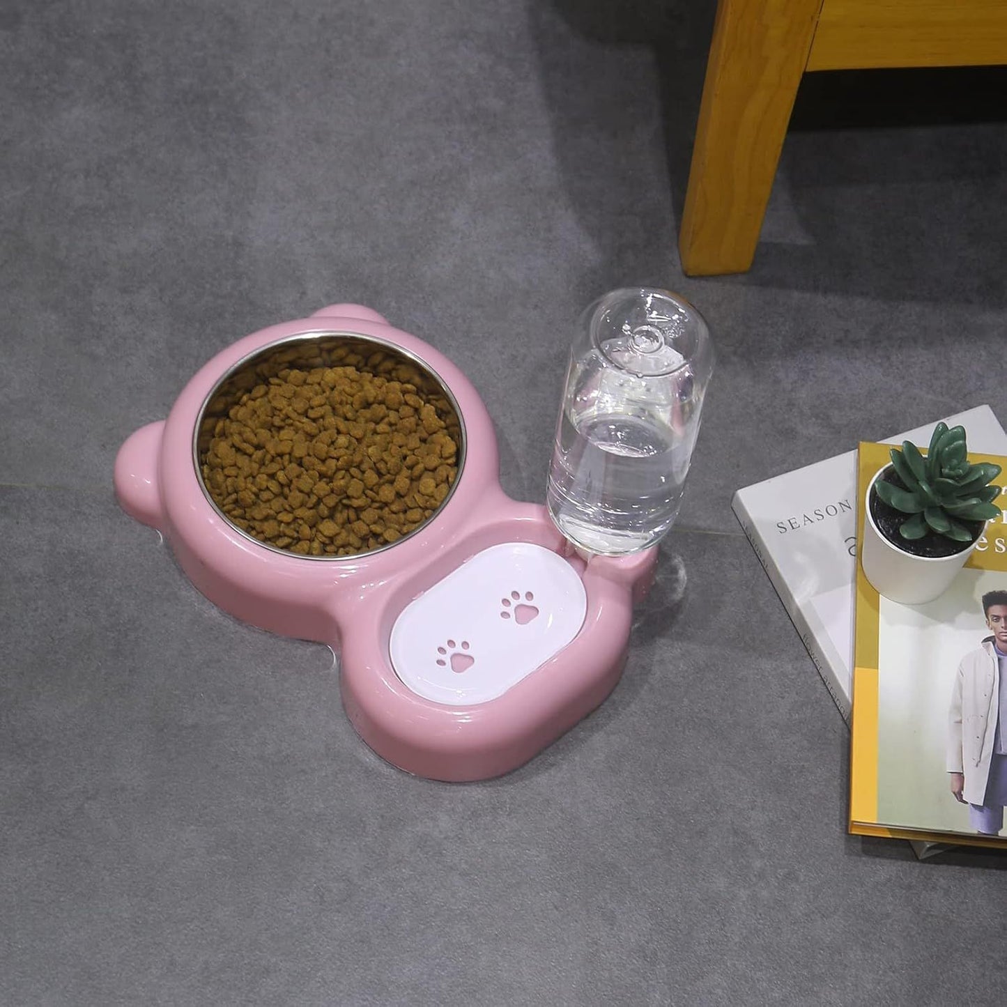 Cat Food and Water Bowl 2 in 1 with Automatic Water Dispenser Pink, 500 ml