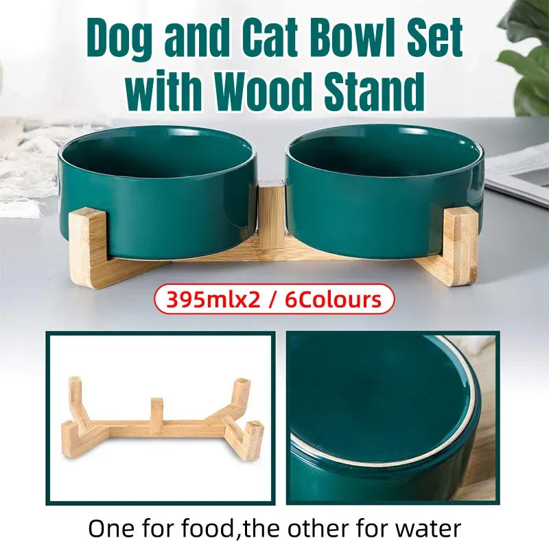 Ceramic Pet Bowl Double Cat Food Bowl Dog Water Bowl Feeding Drinking Bowl Set - Green