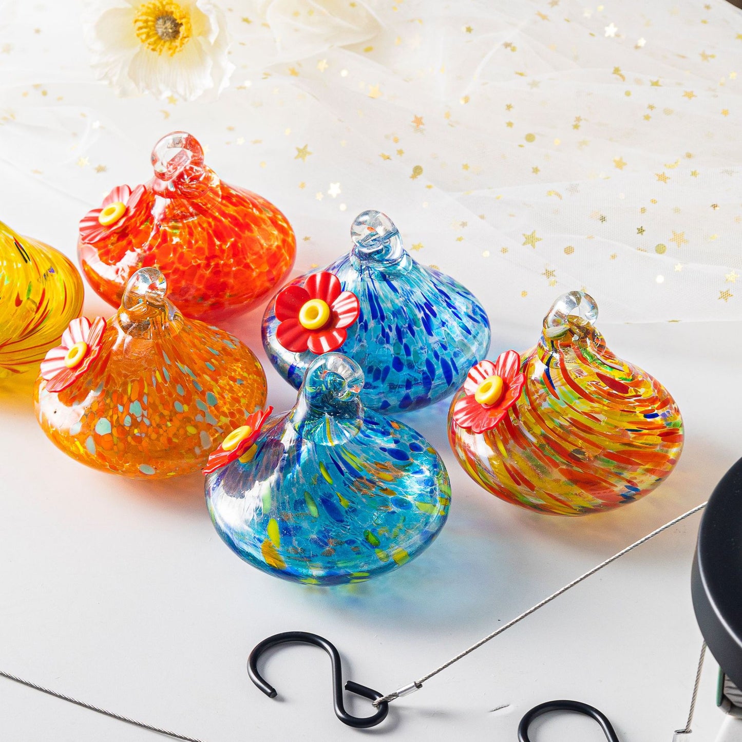 Outdoor Hand-Blown Glass Bird Feeder - Durable Weather-Proof Bird Waterer, Includes Funnel & Hanging Rope (Single - Yellow Silk)