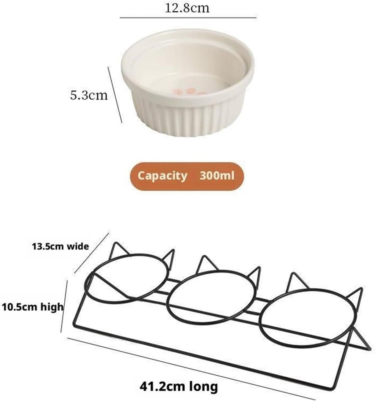 Triple Slanted Ceramic Pet Bowl Set with Elevated Iron Stand and Non Slip Base - 3 x 300ML Versatile Blue Cat Paw Print Pattern Dishes for Water & Food