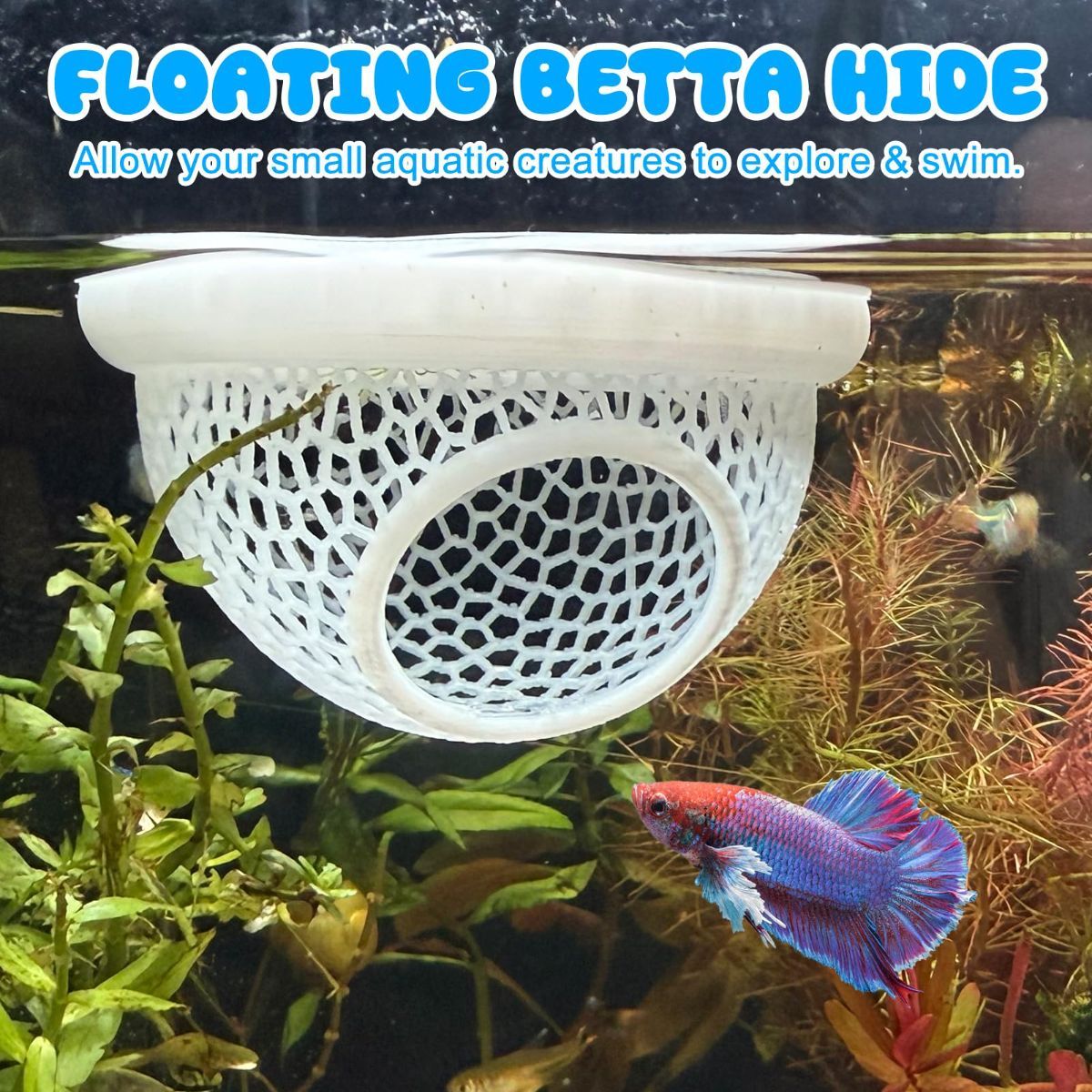 Floating Betta Hide & Shrimp Cave – 3D Printed Aquarium Hammock, Feeder & Rest Spot – Floating Betta Log & Cave Decor for Nano Tanks, Corydoras, Shrimp & Small Fish – Safe PLA, Patent Pending - Beige - Size S
