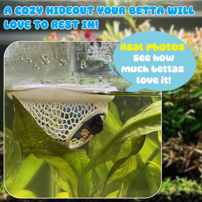 Floating Betta Hide & Shrimp Cave – 3D Printed Aquarium Hammock, Feeder & Rest Spot – Floating Betta Log & Cave Decor for Nano Tanks, Corydoras, Shrimp & Small Fish – Safe PLA, Patent Pending - Blue - Size S