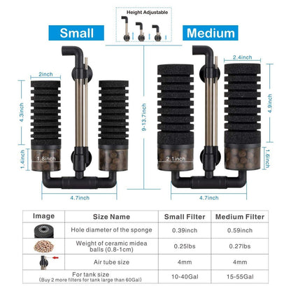 Aquarium Double Sponge Filter, Comes with 2 Spare Sponges - Black - Size M