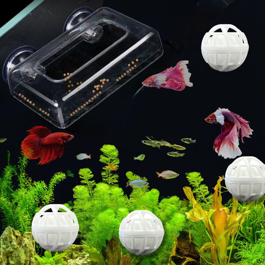 Fish Feeding Box Ring for Turtle with Filter Ball Set, Fish Feeder Ring and Nitrifying Ball, Betta Feeding Floating, Turtle Enrichment Toys, Floating Betta Food Holder (Clear，2Pcs） - Clear - Size M