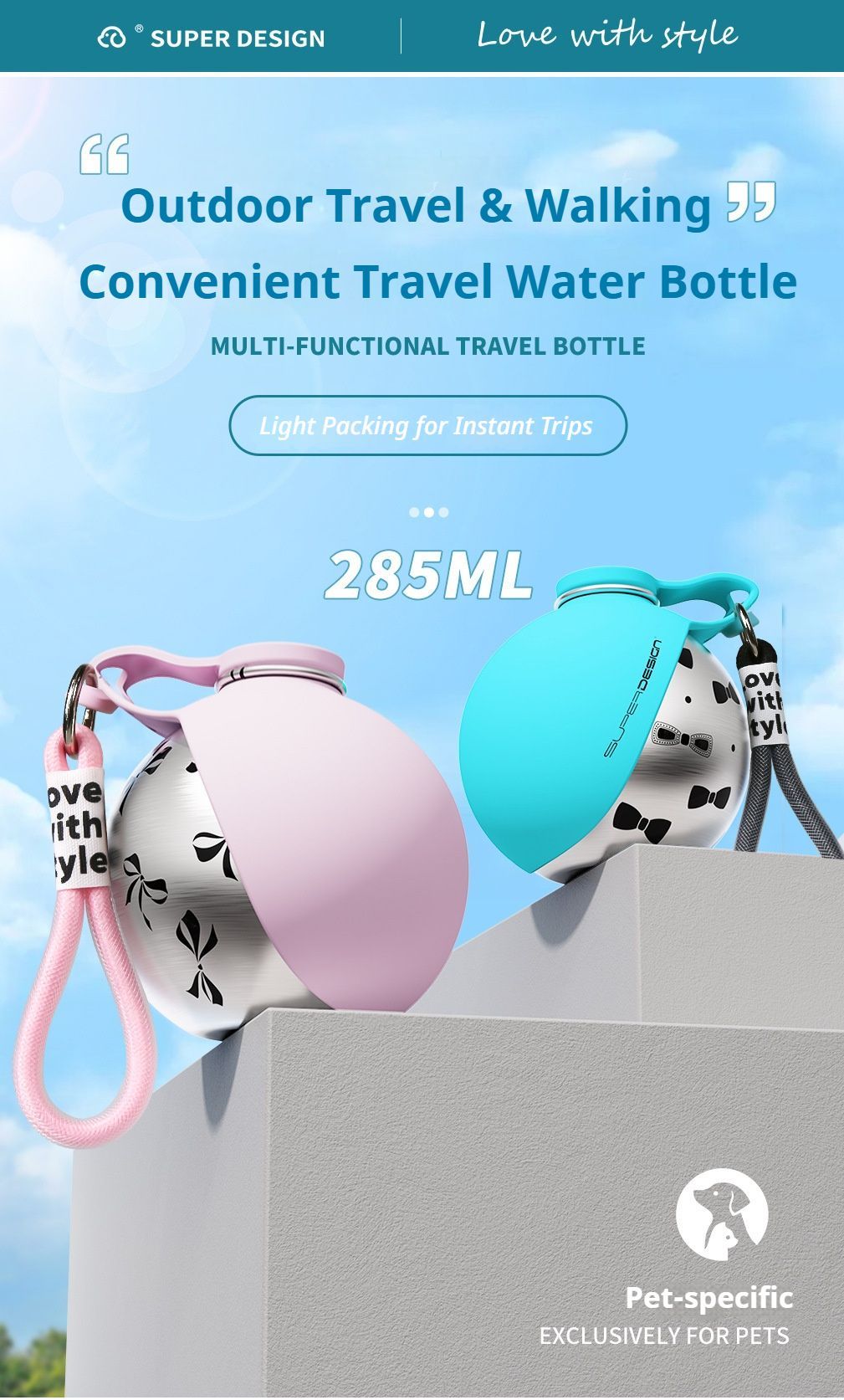 Pink Floral Print Xiaoman Portable Pet Water Bottle
