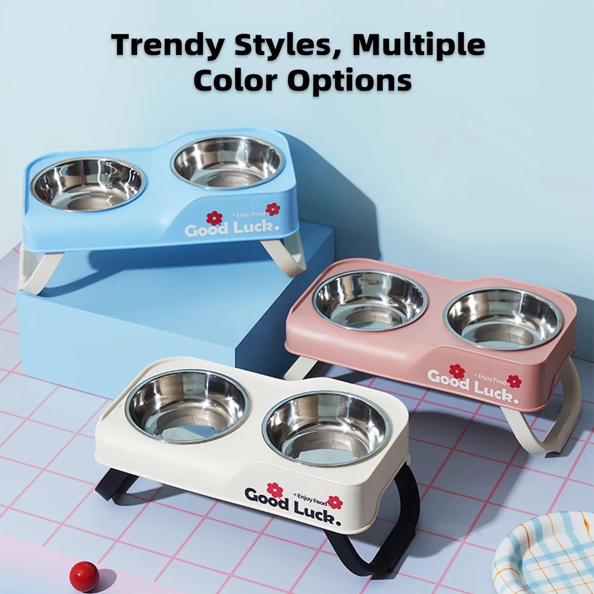 Dopamine Color Pet Bowl Set, Anti-Slip Adjustable Height Design for Small/Medium Dogs and Cats(white)