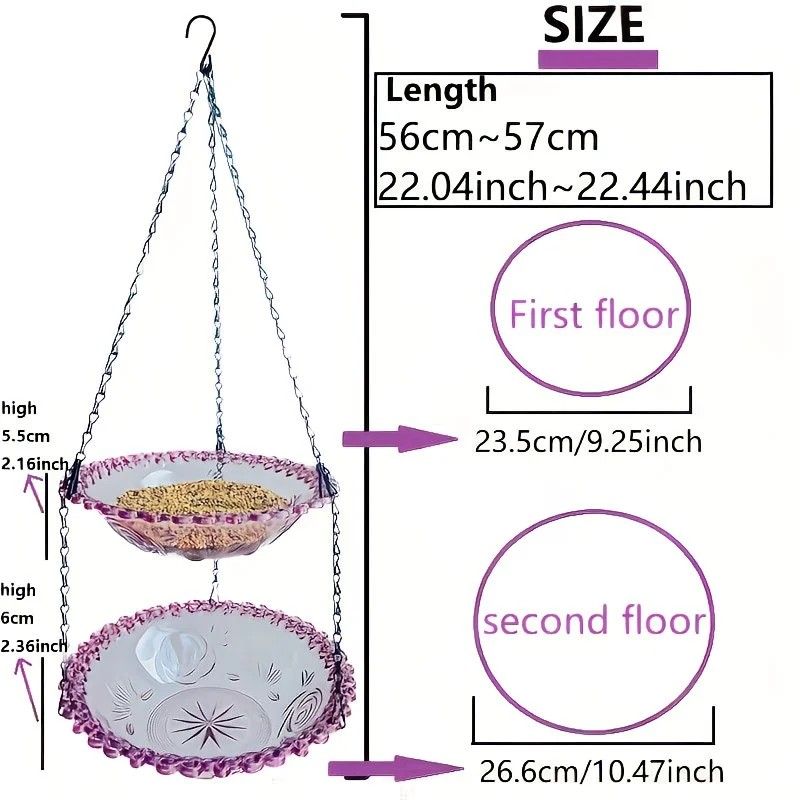 Chain-hung Double-layer Bird Feeder, transparent bowls for easy observation, thickened iron chain for stable load-bearing, adding natural vitality and bird-watching fun to your courtyard.（blue)