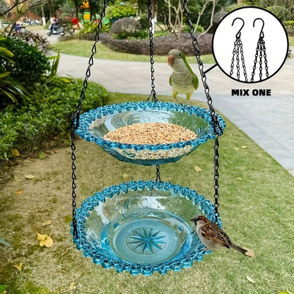 Chain-hung Double-layer Bird Feeder, transparent bowls for easy observation, thickened iron chain for stable load-bearing, adding natural vitality and bird-watching fun to your courtyard./BLACK