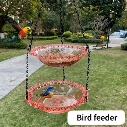 Chain-hung Double-layer Bird Feeder, transparent bowls for easy observation, thickened iron chain for stable load-bearing, adding natural vitality and bird-watching fun to your courtyard.(PINK)