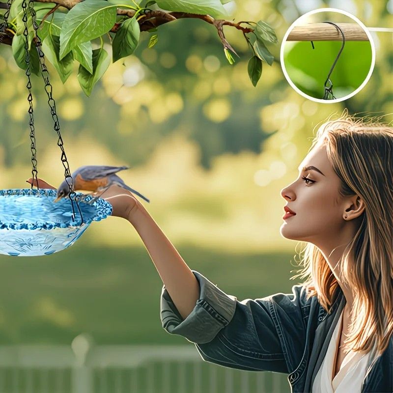 Chain-hung Double-layer Bird Feeder, transparent bowls for easy observation, thickened iron chain for stable load-bearing, adding natural vitality and bird-watching fun to your courtyard.(PINK)