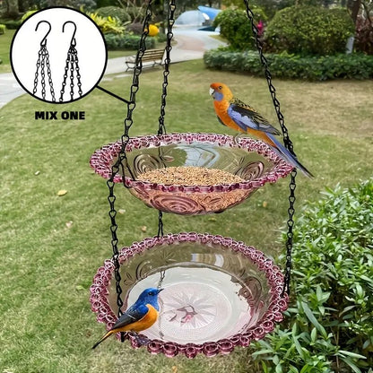 Chain-hung Double-layer Bird Feeder, transparent bowls for easy observation, thickened iron chain for stable load-bearing, adding natural vitality and bird-watching fun to your courtyard.(PINK)