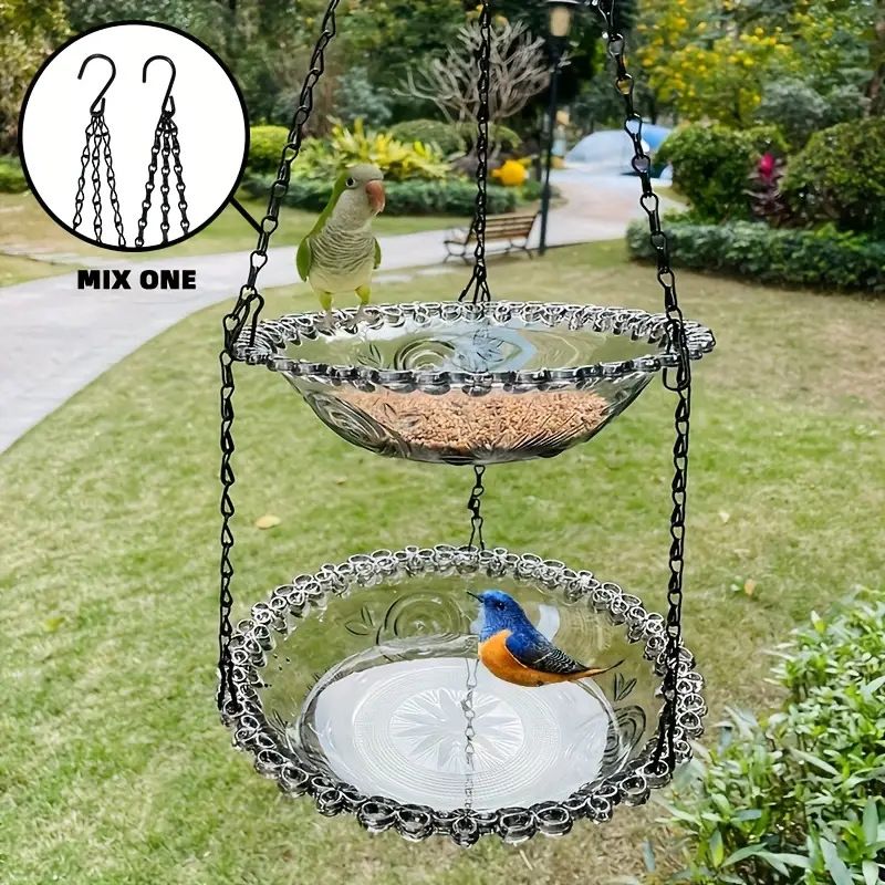 Chain-hung Double-layer Bird Feeder, transparent bowls for easy observation, thickened iron chain for stable load-bearing, adding natural vitality and bird-watching fun to your courtyard./purple