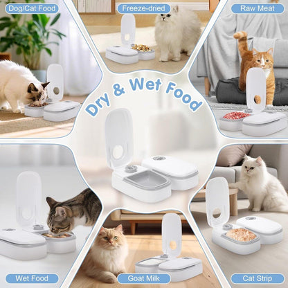 Automatic Cat Feeder With 48 Hour Timer, Dual Tray ABS Food Dispenser For Wet And Dry Food, For Cats And Small Dogs, 700 ml, 28.5 x 24.5 x 7.5 cm