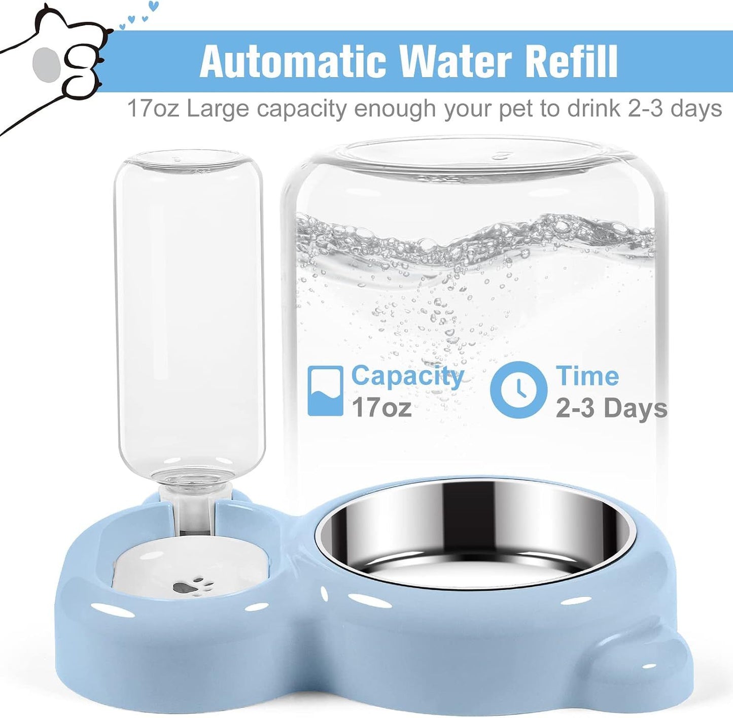 Cat Food and Water Bowl 2 in 1 with Automatic Water Dispenser Light Blue, 500 ml