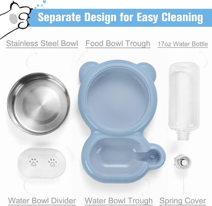 Cat Food and Water Bowl 2 in 1 with Automatic Water Dispenser Light Blue, 500 ml