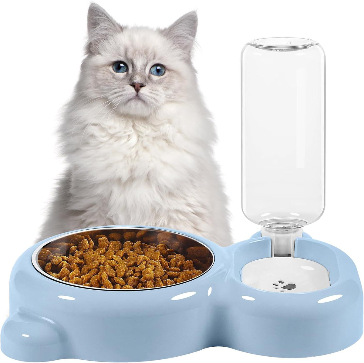 Cat Food and Water Bowl 2 in 1 with Automatic Water Dispenser Light Blue, 500 ml