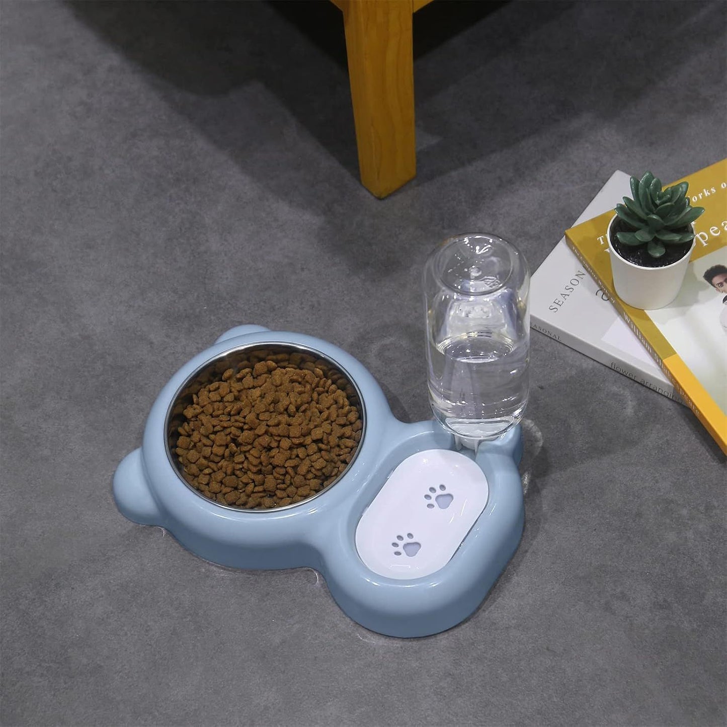 Cat Food and Water Bowl 2 in 1 with Automatic Water Dispenser Light Blue, 500 ml