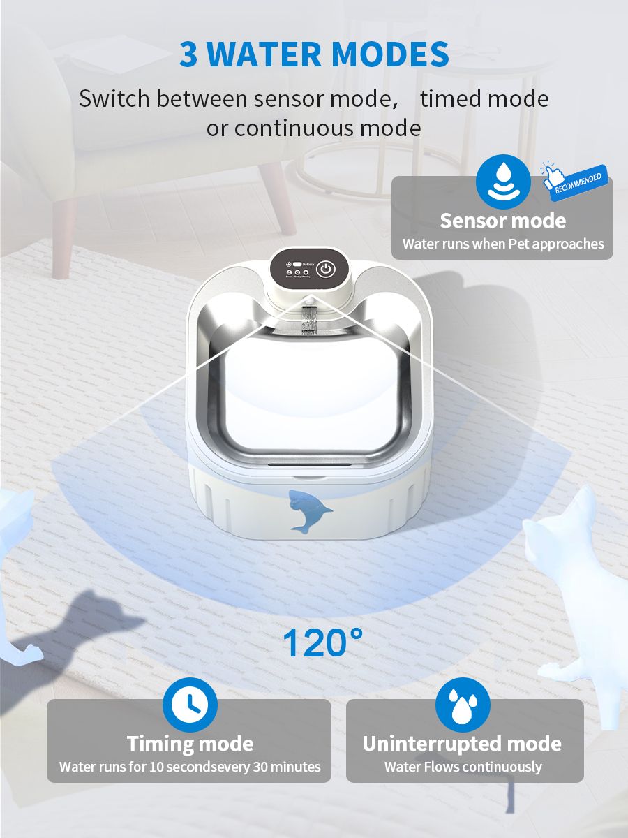 U7 Cat Water Fountain Waterer 3L/101oz, Wireless & USB Rechargeable Pet Water Fountain with 304 Stainless Steel Lid, Smart Infrared Motion Sensor Automatic Pet Water Dispenser, Ultra Quiet Pump, Detachable Easy Clean,  4 Filters Included