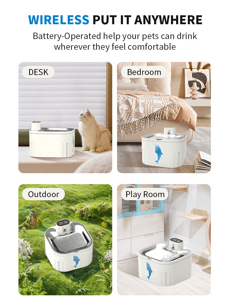 U7 Cat Water Fountain Waterer 3L/101oz, Wireless & USB Rechargeable Pet Water Fountain with 304 Stainless Steel Lid, Smart Infrared Motion Sensor Automatic Pet Water Dispenser, Ultra Quiet Pump, Detachable Easy Clean,  4 Filters Included