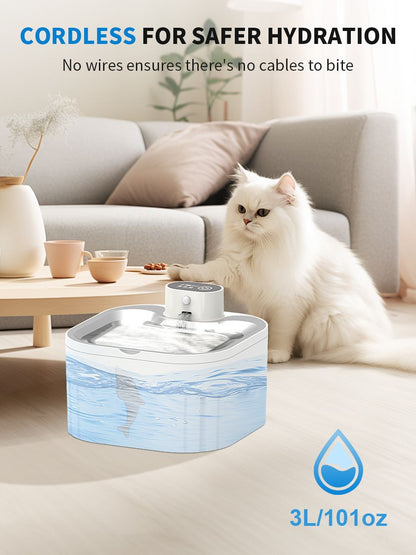 U7 Cat Water Fountain Waterer 3L/101oz, Wireless & USB Rechargeable Pet Water Fountain with 304 Stainless Steel Lid, Smart Infrared Motion Sensor Automatic Pet Water Dispenser, Ultra Quiet Pump, Detachable Easy Clean,  4 Filters Included