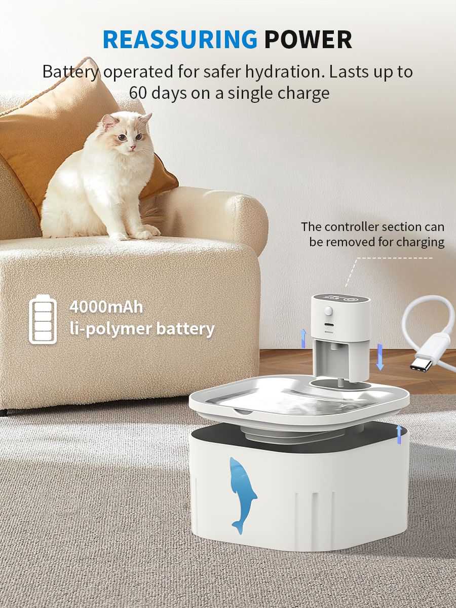 U7 Cat Water Fountain Waterer 3L/101oz, Wireless & USB Rechargeable Pet Water Fountain with 304 Stainless Steel Lid, Smart Infrared Motion Sensor Automatic Pet Water Dispenser, Ultra Quiet Pump, Detachable Easy Clean,  4 Filters Included