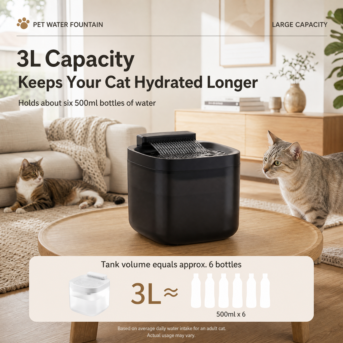 White Cat Water Fountain 3L, Wired Pet Water Dispenser for Cats & Small Dogs, Waterfall-Style Quiet Drinking Fountain with Filter, Easy-Clean ABS+PP Bowl, 5V 1A