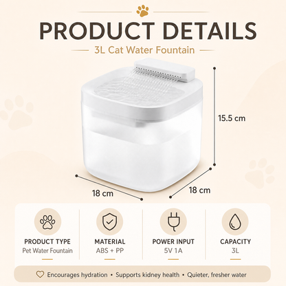 White Cat Water Fountain 3L,6 Filters Included, Wired Pet Water Dispenser for Cats & Small Dogs, Waterfall-Style Quiet Drinking Fountain with Filter, Easy-Clean ABS+PP Bowl, 5V 1A