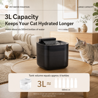 White Cat Water Fountain 3L,6 Filters Included, Wired Pet Water Dispenser for Cats & Small Dogs, Waterfall-Style Quiet Drinking Fountain with Filter, Easy-Clean ABS+PP Bowl, 5V 1A