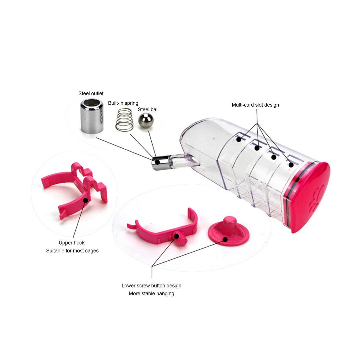 Hanging Pet Water Bottle 350ML Cage Mounted Feeder with Steel Ball Nozzle - Pink