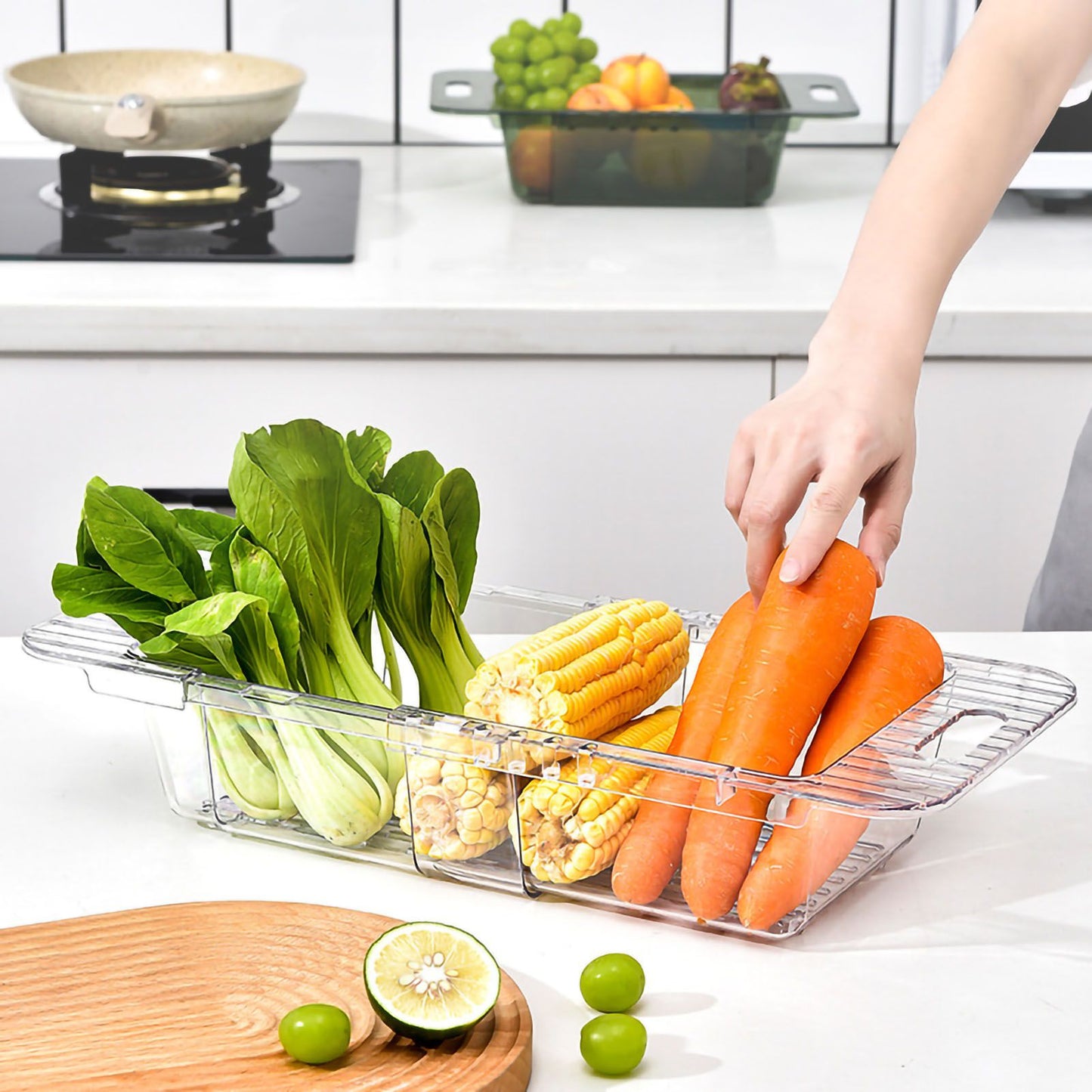 Over The Sink Strainer Retractable Design Transparent Fast Draining Durable PET Sink Colander Transparent Strainer with Retractable Design