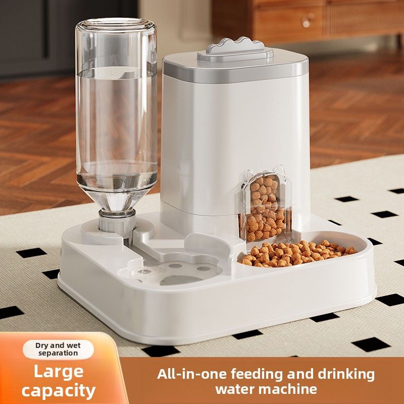 Automatic Pet Feeder and Water Dispenser Combo, 7-Day Capacity for Cats and Small Dogs, Self-Refilling Water Bowl with Gravity Flow, No Battery Needed, Modern White Design with Sturdy Base (Grey)