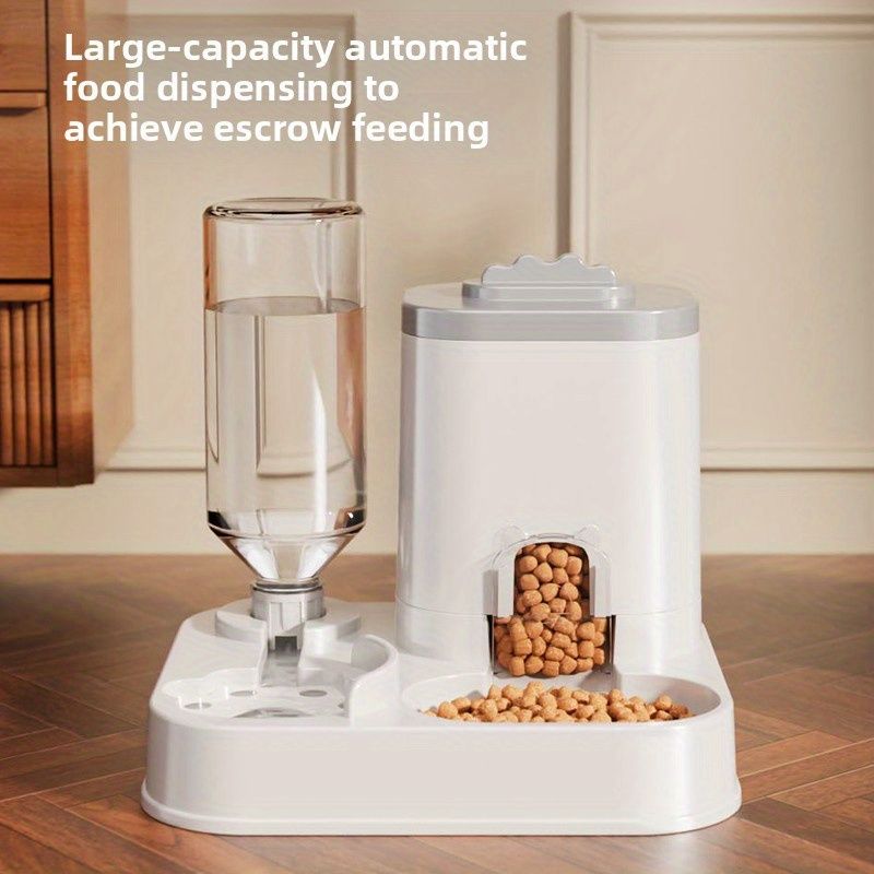 Automatic Pet Feeder and Water Dispenser Combo, 7-Day Capacity for Cats and Small Dogs, Self-Refilling Water Bowl with Gravity Flow, No Battery Needed, Modern White Design with Sturdy Base (Grey)