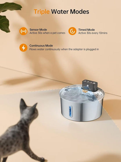 Wireless Pet Water Fountain for Cats and Small Dogs, 304 Stainless Steel, 3.2L Capacity, Rechargeable Battery, Three Flow Modes, Low Noise, Easy to Clean (D1)