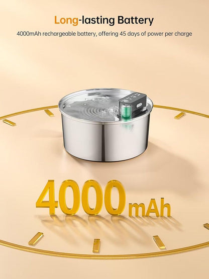 Wireless Pet Water Fountain for Cats and Small Dogs, 304 Stainless Steel, 3.2L Capacity, Rechargeable Battery, Three Flow Modes, Low Noise, Easy to Clean (D1)