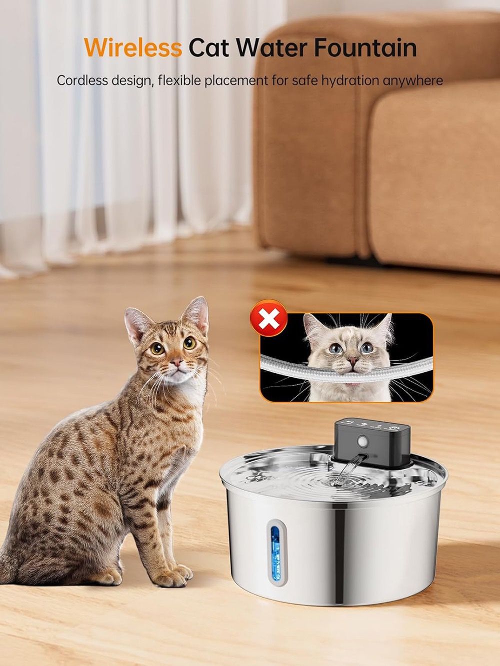 Wireless Pet Water Fountain for Cats and Small Dogs, 304 Stainless Steel, 3.2L Capacity, Rechargeable Battery, Three Flow Modes, Low Noise, Easy to Clean (D1)