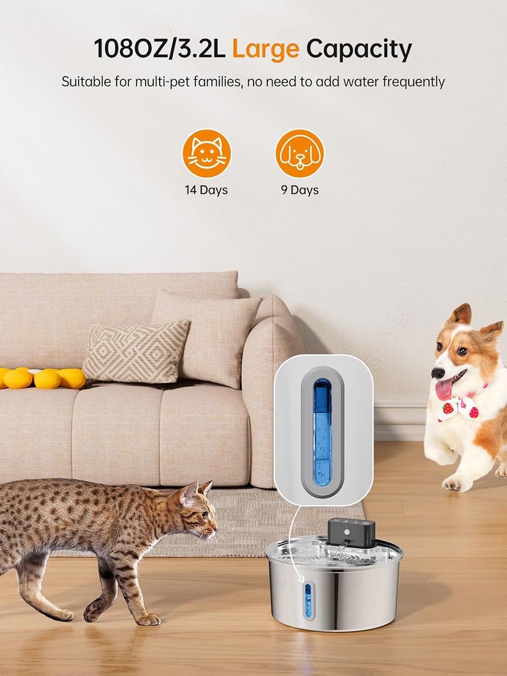 Wireless Pet Water Fountain for Cats and Small Dogs, 304 Stainless Steel, 3.2L Capacity, Rechargeable Battery, Three Flow Modes, Low Noise, Easy to Clean (D1)