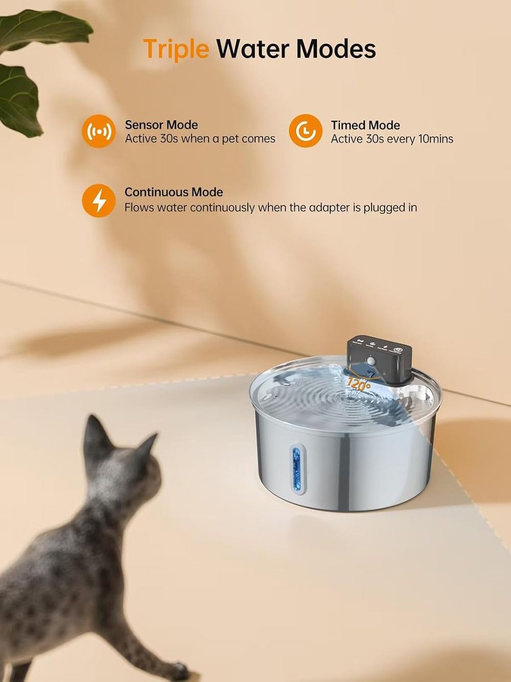 Wireless Pet Water Fountain for Cats and Small Dogs, 304 Stainless Steel, 3.2L Capacity, Rechargeable Battery, Three Flow Modes, Low Noise, Easy to Clean (D3)