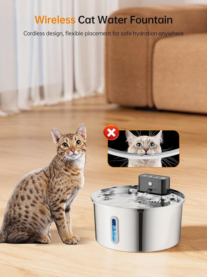 Wireless Pet Water Fountain for Cats and Small Dogs, 304 Stainless Steel, 3.2L Capacity, Rechargeable Battery, Three Flow Modes, Low Noise, Easy to Clean (D3)
