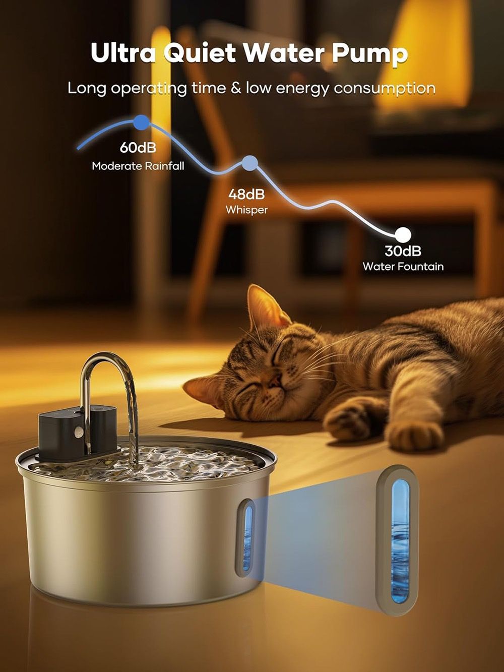 Wireless Pet Water Fountain for Cats and Small Dogs, 304 Stainless Steel, 3.2L Capacity, Rechargeable Battery, Three Flow Modes, Low Noise, Easy to Clean (D3)