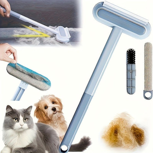 Triple-Action Pet Hair Remover Brush for Cats and Dogs – Reusable Lint Roller with Washable Blue and Grey Fabric Bristles, Durable Plastic Handle, Perfect for Carpets, Upholstery, Clothing, and Car Interiors