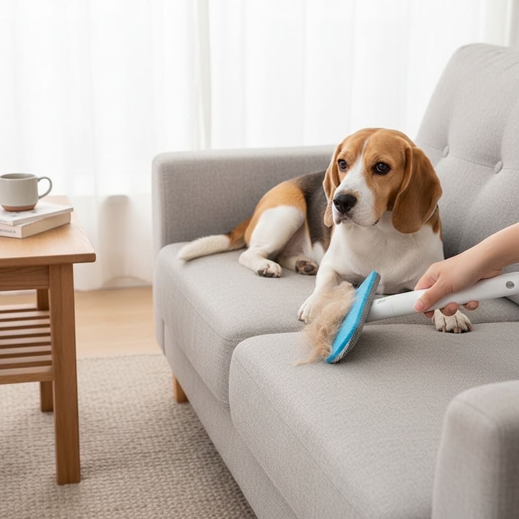 Triple-Action Pet Hair Remover Brush for Cats and Dogs – Reusable Lint Roller with Washable Blue and Grey Fabric Bristles, Durable Plastic Handle, Perfect for Carpets, Upholstery, Clothing, and Car Interiors