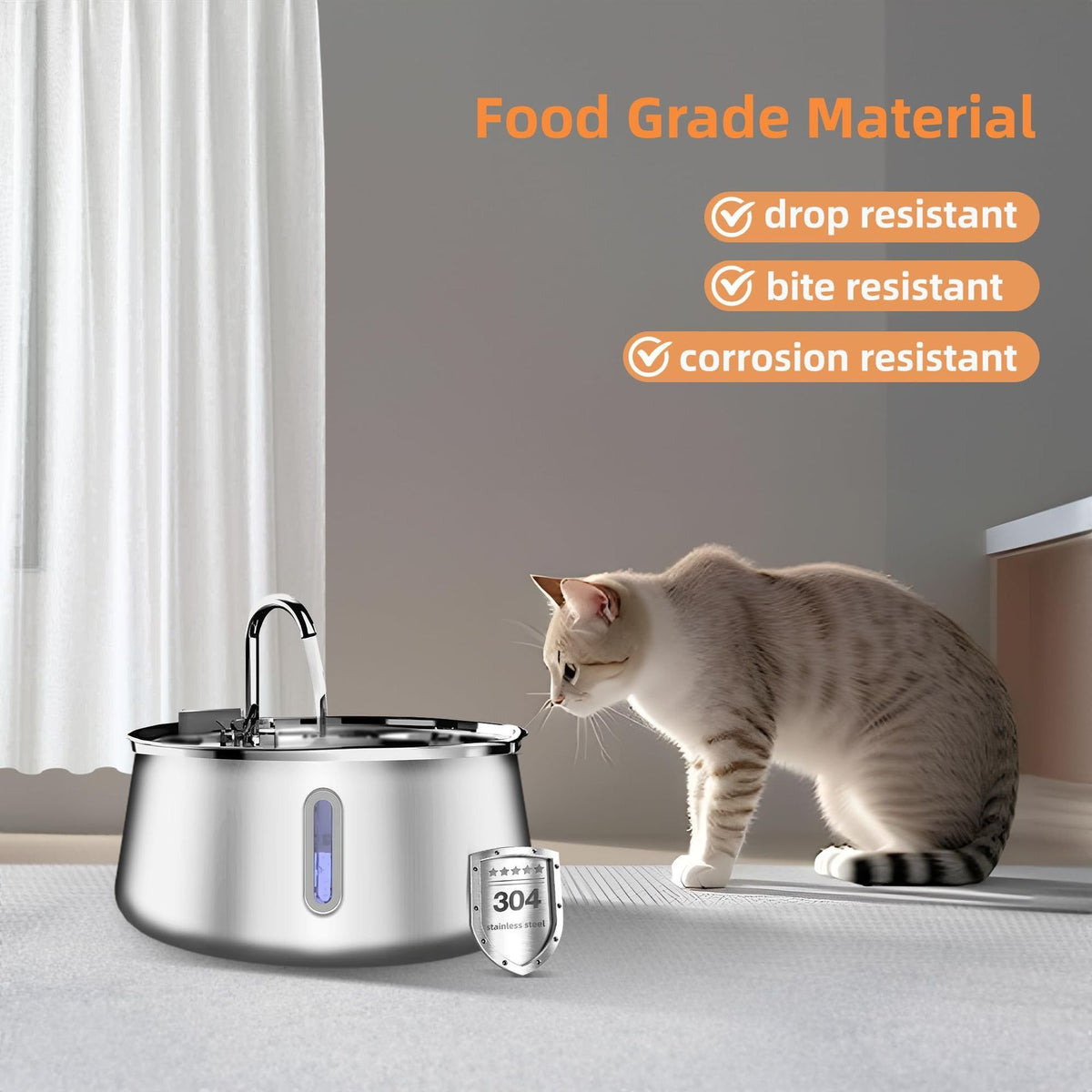 304 Stainless Steel Automatic Pet Water Fountain, 4L Cat Water Dispenser with Transparent Window, Dual Flow Modes, Activated Carbon Filter, Low Noise USB Pump for Indoor Cats and Dogs (B)