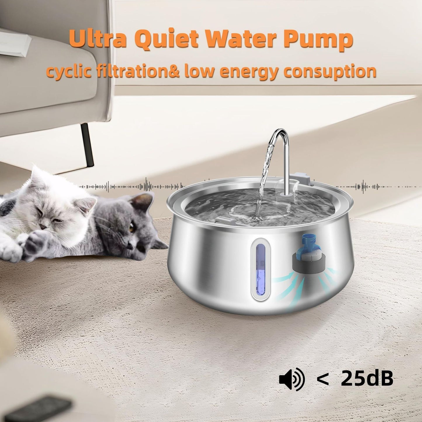 304 Stainless Steel Automatic Pet Water Fountain, 4L Cat Water Dispenser with Transparent Window, Dual Flow Modes, Activated Carbon Filter, Low Noise USB Pump for Indoor Cats and Dogs (B)