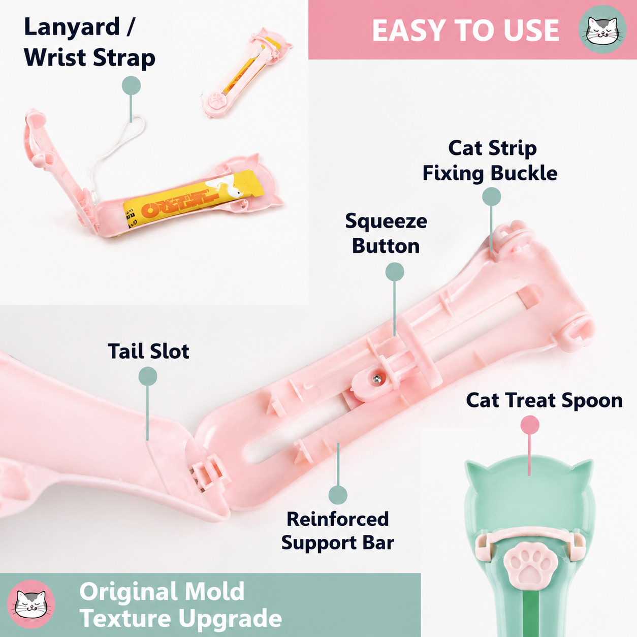 Cat Treat Paste Dispenser Spoon with Cat Paw Push Button – Portable Squeeze Feeder for Wet Food, Mess-Free Outdoor Use, Easy Clean Food-Grade PP, Cute Ear-Shaped Scoop Design (Green)