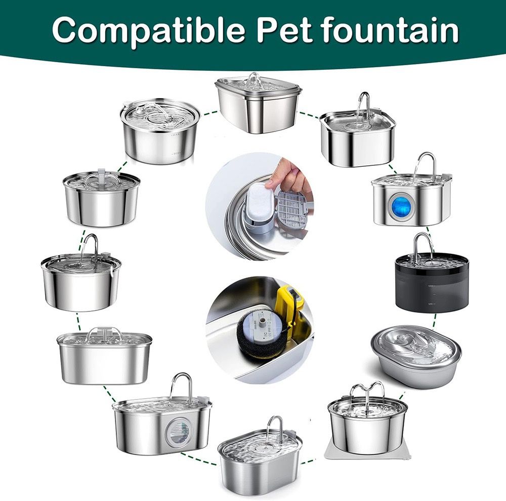 Replacement Pet Water Fountain Filter Kit with Runway Filter, Round Foam, and Square Activated Carbon Pad for Clean, Fresh Drinking Water for Cats and Dogs (A Filter×8)