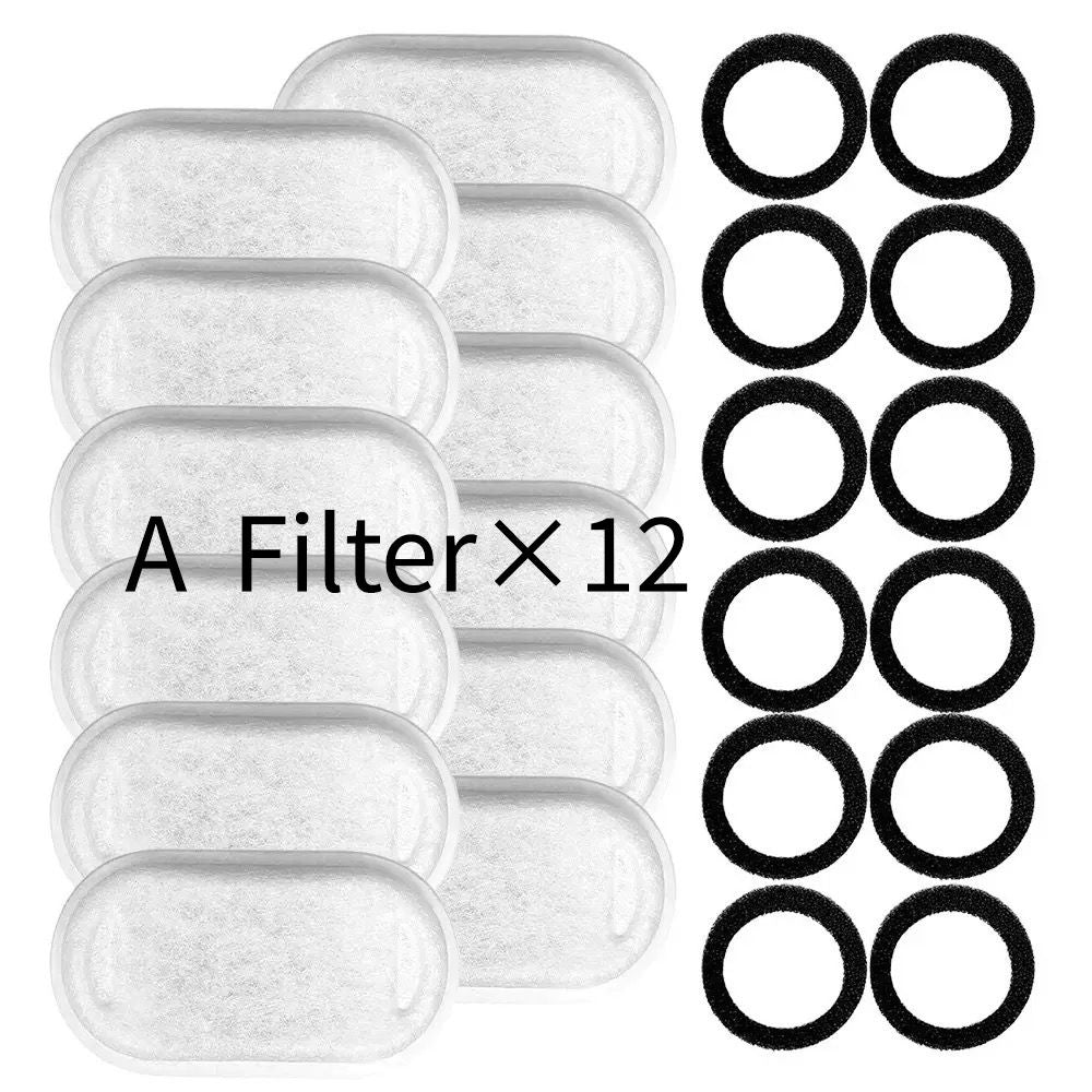 Replacement Pet Water Fountain Filter Kit with Runway Filter, Round Foam, and Square Activated Carbon Pad for Clean, Fresh Drinking Water for Cats and Dogs (B Filter×12)