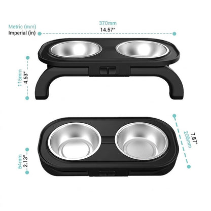Adjustable Height Pet Food Bowl with Stainless Steel Double Bowls, Ergonomic Raised Cat Feeder for Indoor Cats and Small Dogs, Anti-Slip, Anti-Tip, and Easy-to-Clean Design (Grey)