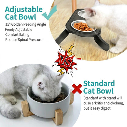 Adjustable Height Pet Food Bowl with Stainless Steel Double Bowls, Ergonomic Raised Cat Feeder for Indoor Cats and Small Dogs, Anti-Slip, Anti-Tip, and Easy-to-Clean Design (Grey)
